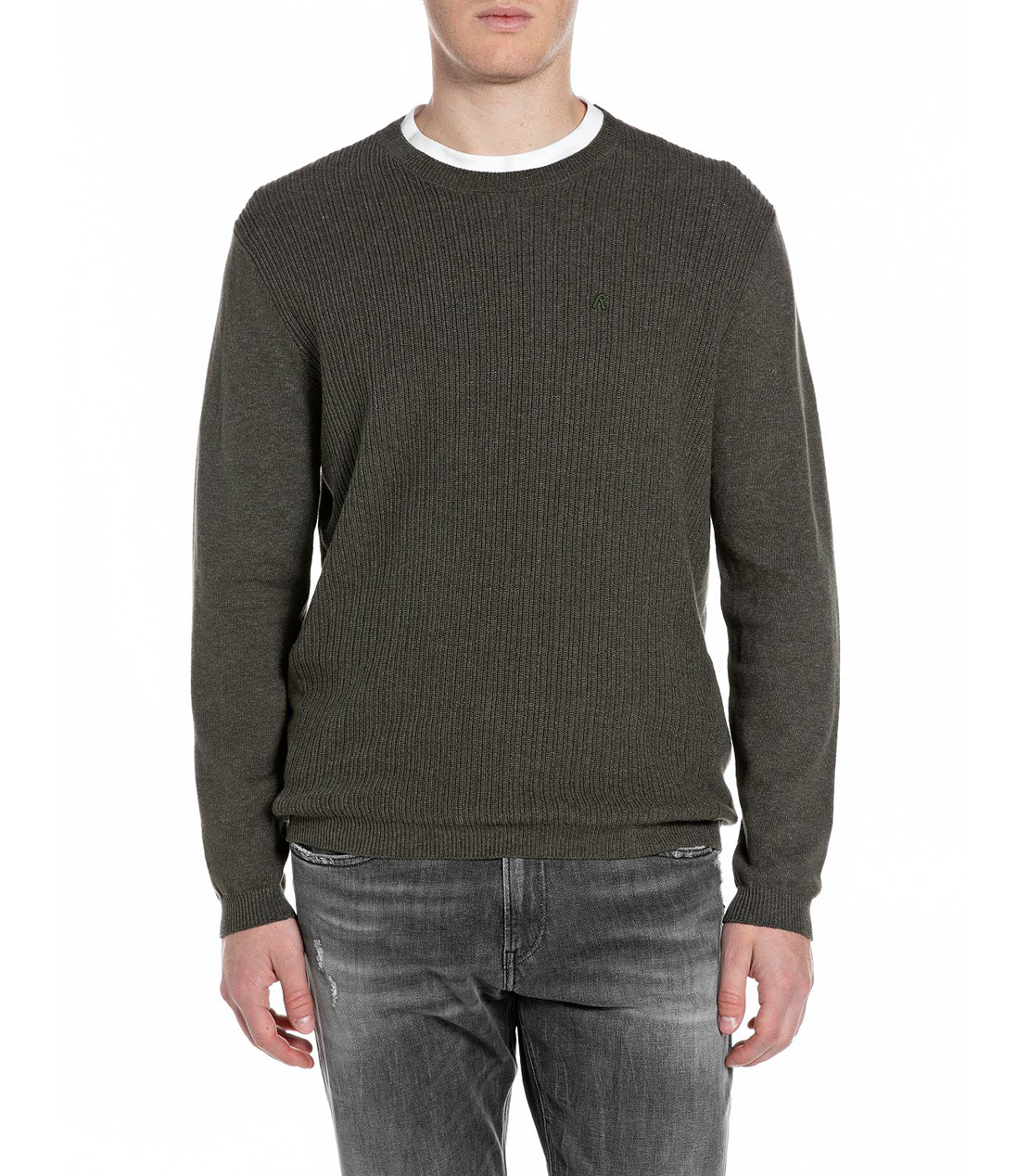 デニムエフェクトクルーネックセーター 詳細画像 モスグリーン 1